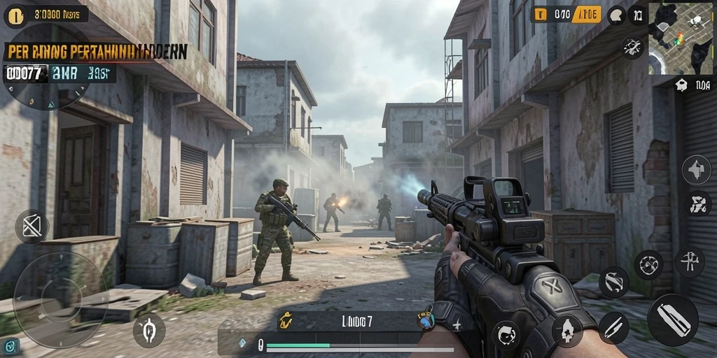 Screenshot utama C0077 menunjukkan aksi seru dalam pertempuran FPS.