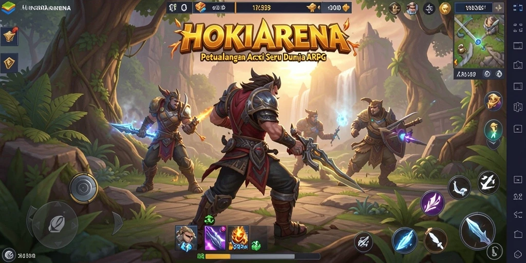 Tampilan aksi seru dalam HOKIARENA yang menampilkan pertarungan melawan monster.