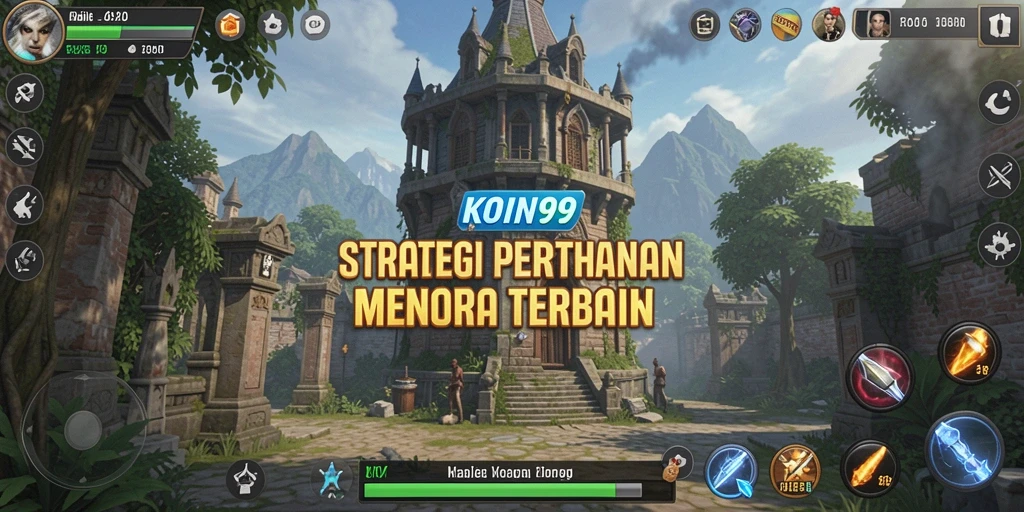 Screenshot menunjukkan pertarungan seru dalam KOIN99 dengan menara bertahan.