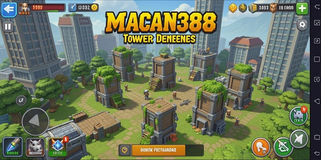 Screenshot gameplay dari MACAN388 menampilkan menara bertahan melawan gelombang musuh.