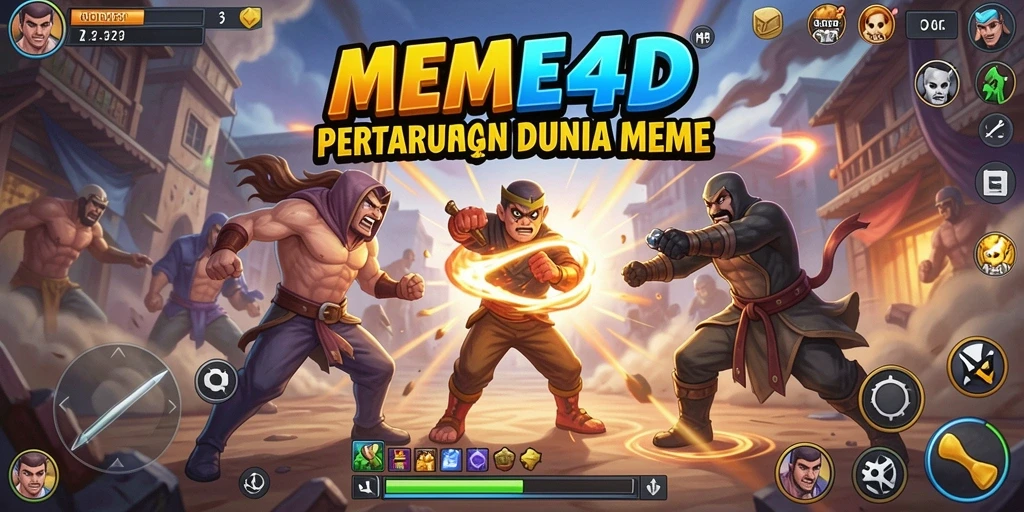 Gameplay pertarungan seru dengan karakter meme yang lucu.