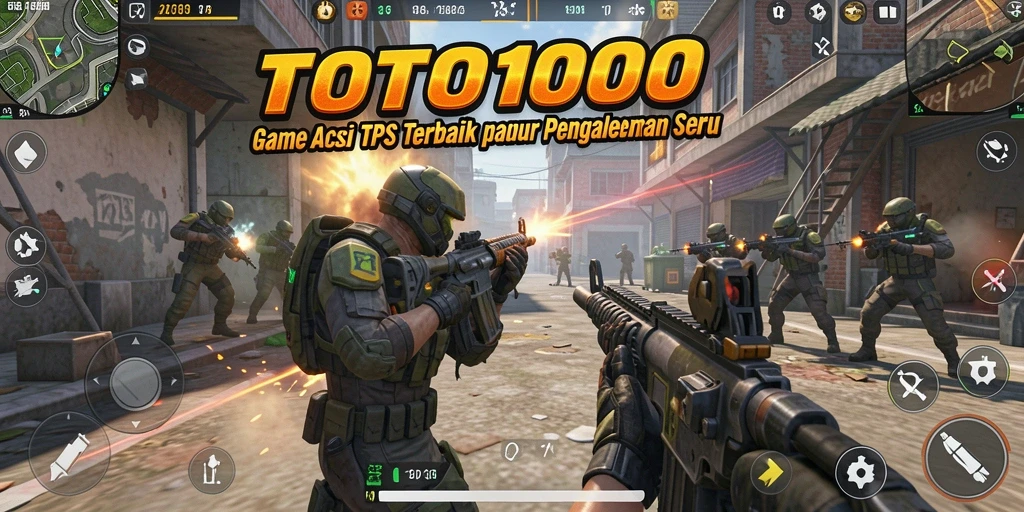 Screenshot gameplay TOTO1000 memperlihatkan aksi menembak yang intens.
